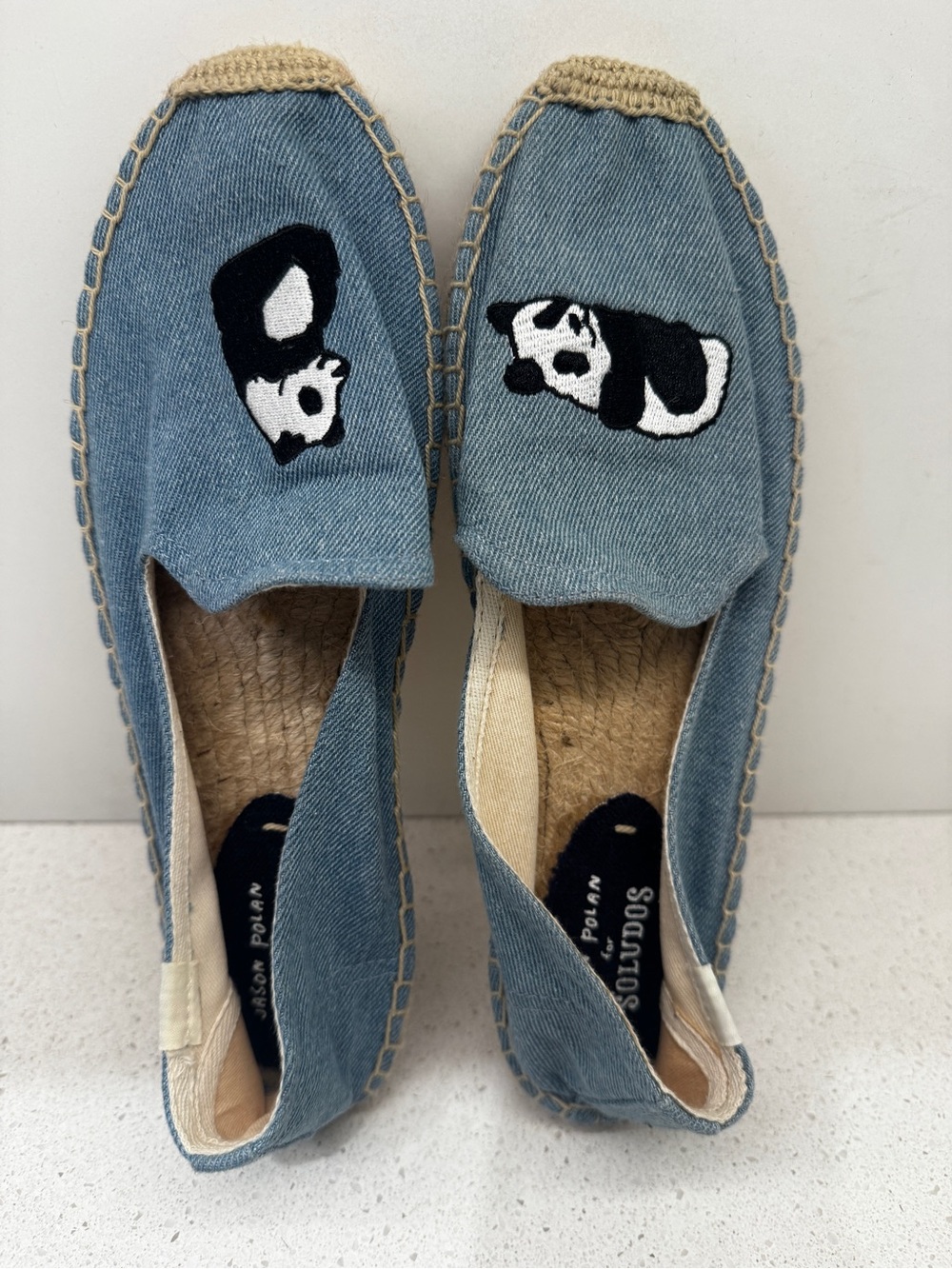Jason Polan x Soludos Espadrilles Panda Embroidered Blue Denim Shoes Flats Sz 9